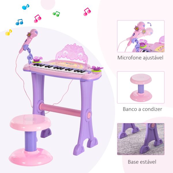 Piano Eléctrico Infantil 32 Teclas Piano Infantil com Microfone Banquinho Luzes Ritmos Sons MP3 Karaoke Rosa