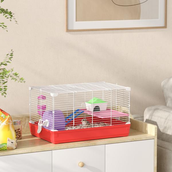 Gaiola para Hamster com Comedouro Bebedouro Rampa Ropa de Exercício para Pequenos Animais 47x30x27cm Branco e Vermelho