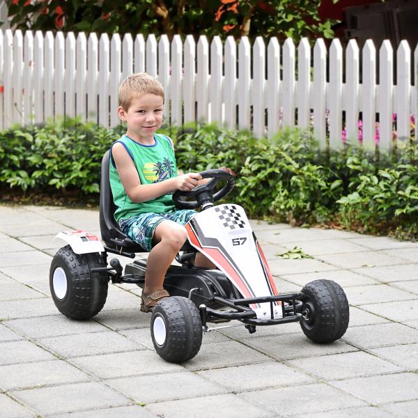 Go Kart a Pedais para Crianças acima de 3 Anos Carro de Pedais Infantil com Assento Ajustável e Freio de Mão 104x66x57cm Branco e Preto