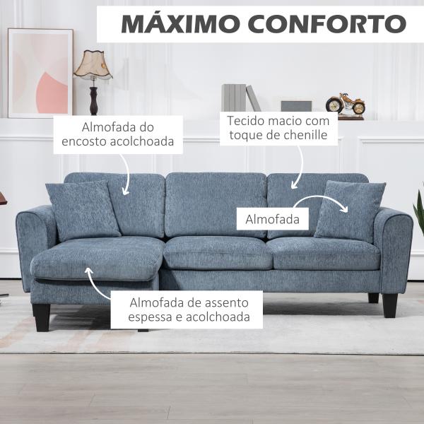 Sofá Chaise Longue Sofá de Canto Sofa Sala de Estar Reversível em Forma de L com 2 Almofadas 230x138x87 cm Cinza Azulado