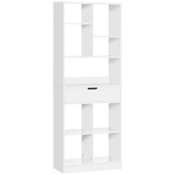 Estante de Madeira Estante para Livros com 1 Gaveta e 9 Compartimentos de Armazenamento 60x26x158cm Branco