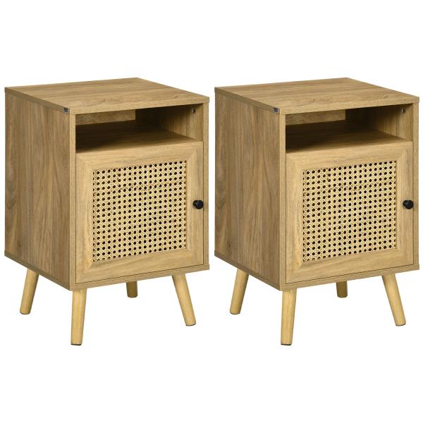 Conjunto de 2 Mesas de Cabeceira com Portas de Vime e Prateleira Aberta Mesa Auxiliar 39x35x60 cm Madeira