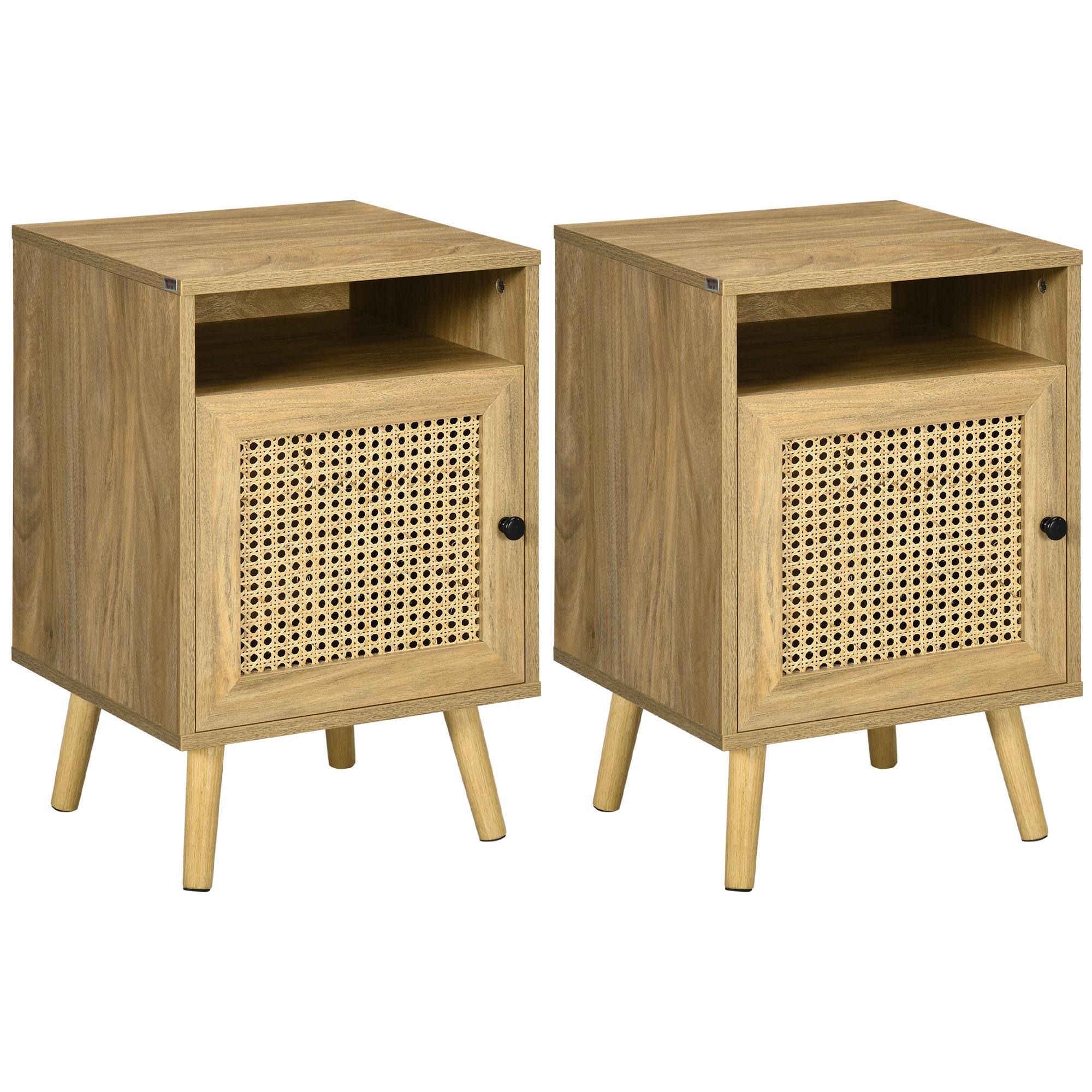 Conjunto de 2 Mesas de Cabeceira com Portas de Vime e Prateleira Aberta Mesa Auxiliar 39x35x60 cm Madeira