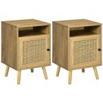Conjunto de 2 Mesas de Cabeceira com Portas de Vime e Prateleira Aberta Mesa Auxiliar 39x35x60 cm Madeira
