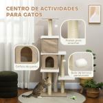 Arranhador para Gatos em Borrego com 2 Cavernas Plataformas Bolas Suspensas e Poste de Sisal 48x40x140 cm Marrom Claro