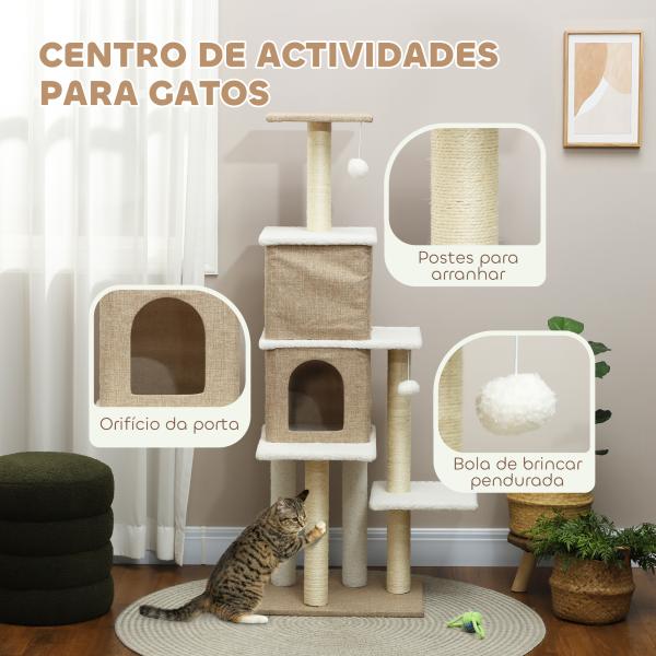 Arranhador para Gatos em Borrego com 2 Cavernas Plataformas Bolas Suspensas e Poste de Sisal 48x40x140 cm Marrom Claro