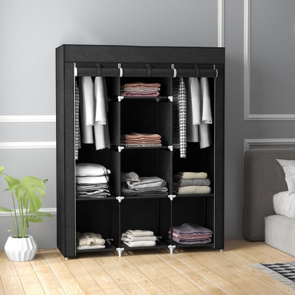 Roupeiro de Tecido Dobrável com 8 Prateleiras de Armazenamento e 2 Barras de Pendurar 125x43x162,5 cm Preto