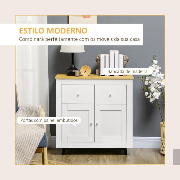 Aparador de Cozinha Móvel Auxiliar de Sala de Estar Moderno com Portas Dupla e 2 Gavetas 78x35x80 cm Branco e Madeira