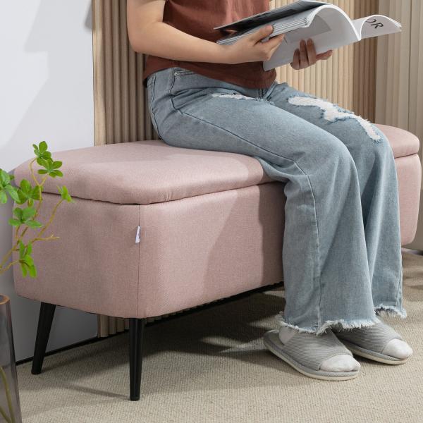 Banco de Armazenamento Estofado em Linho com Tampa Abatível e Pés de Aço Carga Máxima 150kg 101x38,5x44,5 cm Rosa