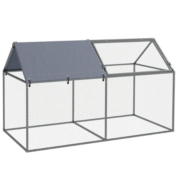 Gaiola para Pequenos Animais de Aço com 1 Porta Superior e Cobertura Anti - UV para Exterior Jardim 198x100x120 cm Prata