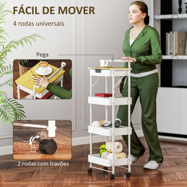 Carrinho Auxiliar com Rodas de 4 Níveis Carrinho de Cozinha com 1 Gaveta e 3 Cestos Carrinho Organizador 45x29,5x117,5 cm Branco