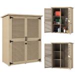 Armário de Jardim de Madeira 0,83 m² 127x65x168 cm com 2 Portas de Persiana 2 Prateleiras 2 Alças e Telhado Impermeável Natural