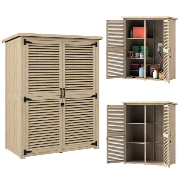 Armário de Jardim de Madeira 0,83 m² 127x65x168 cm com 2 Portas de Persiana 2 Prateleiras 2 Alças e Telhado Impermeável Natural