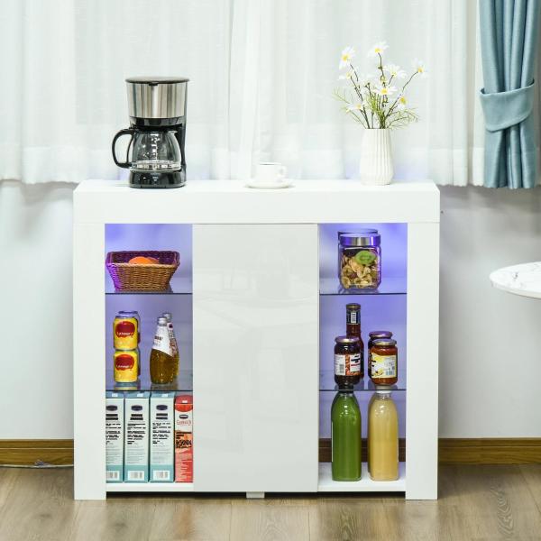 Aparador Moderno com Luzes LED Móvel Buffet com 1 Porta com Fechamento a Pressão e Prateleiras Ajustáveis Controle Remoto 97x35x83cm Branco