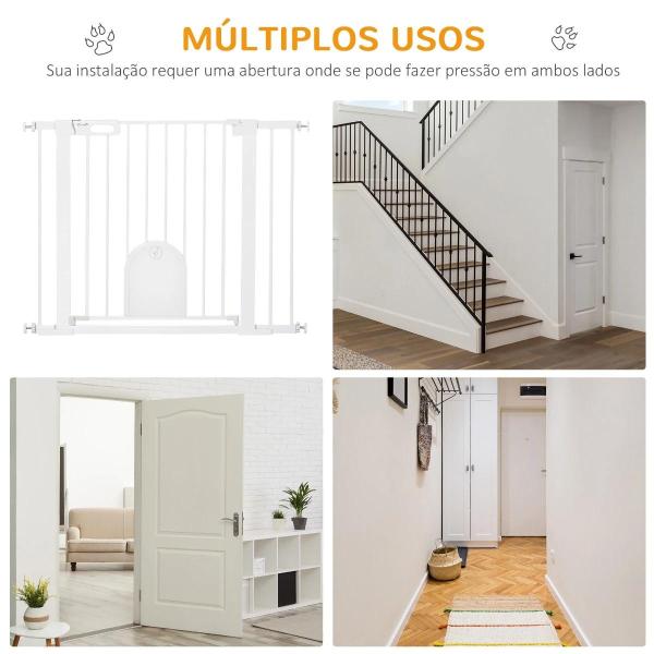 Barreira de Segurança de Cães Animais de Estimação para Escadas e Portas 75 - 103cm com 2 Extensões Fechamento Automático e Sistema de Duplo Bloqueio Aço Branco