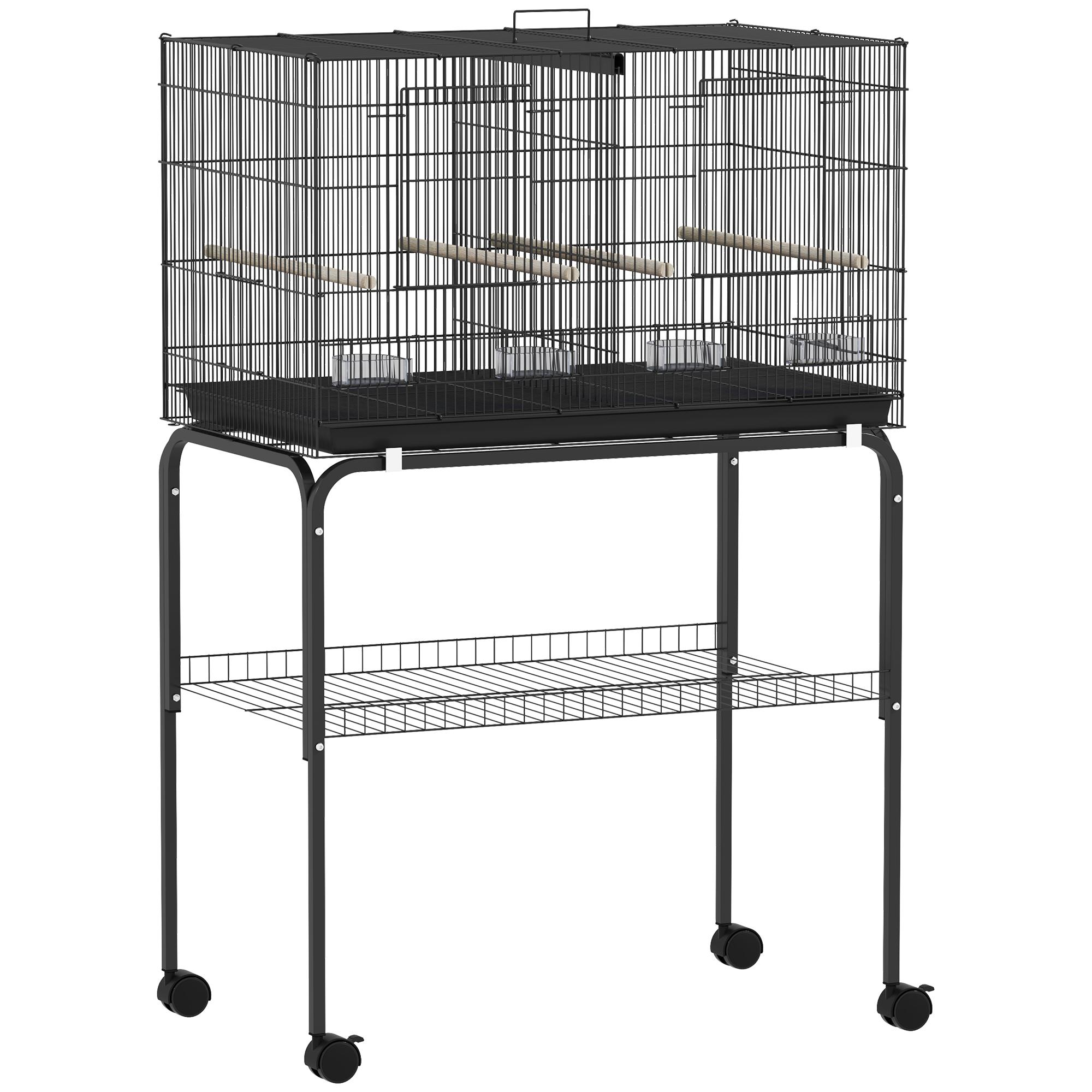 Gaiola para Pássaros com Divisória Rodas Gaiola para Aves com Comedouros Poleiros e Bandeja Removível 76x46x116 cm Preto