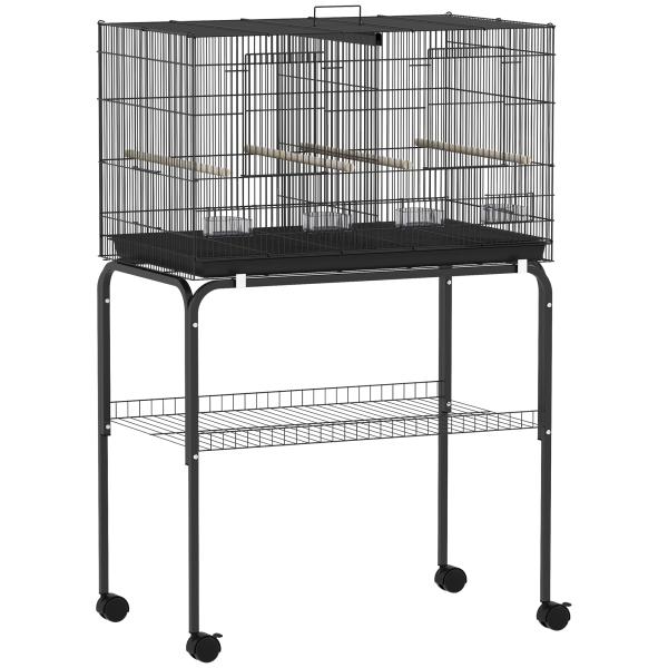 Gaiola para Pássaros com Divisória Rodas Gaiola para Aves com Comedouros Poleiros e Bandeja Removível 76x46x116 cm Preto