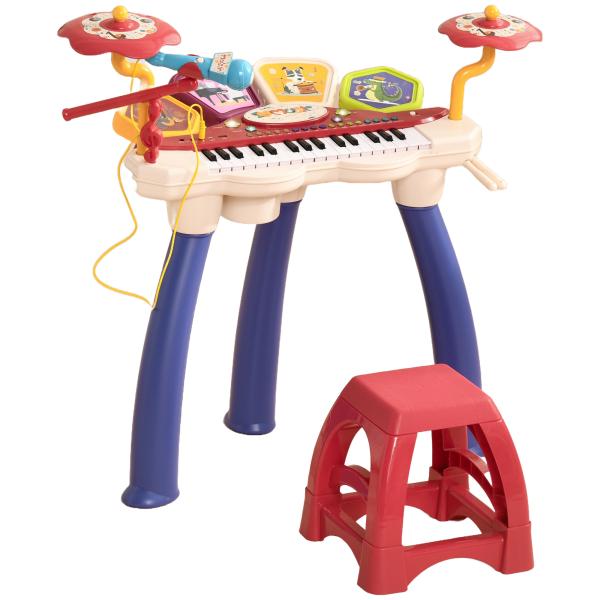 Piano Eletrónico para Crianças com 32 Teclas Microfone Banco Luzes 19 Músicas e Bateria 74x32,2x71 cm Multicor