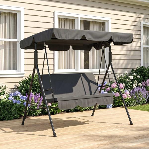 Baloiço de Jardim de 3 Lugares com Almofada Toldo Ajustável e Estrutura de Aço para Balcão Terraço 172x110x153 cm Preto