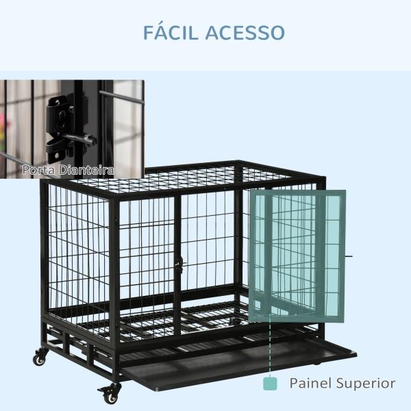 Gaiola de Metal para Cães com Rodas e Freios Bandeja Removível e Porta com Trava para Golden Retriver Labrador 92x62x75cm Preto