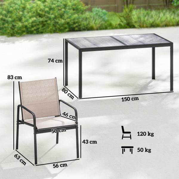 Conjunto de Mesa e Cadeiras de Jardim de 7 Peças com Mesa com Efeito Madeira e 6 Cadeiras com Assento Respirável Caqui