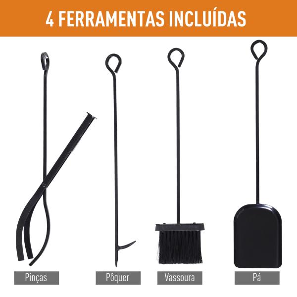 Suporte para Lenhas 75x30x60cm Porta Lenha com Desenho Vintage com 4 Ferramentas Base Elevada Carga Máxima 100kg Aço Preto