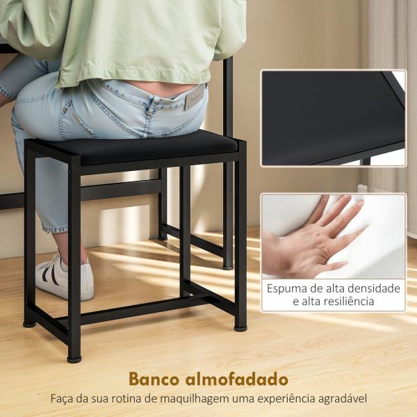 Toucador de Maquilhagem com Espelho Tríptico Removível, Banco Prateleiras e Suporte para Secador 90x40x141 cm Cinzento