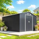 Abrigo de Jardim Metálico para Armazenamento de Ferramentas com Base de Reforço Incluída e 4 Janelas 277x322x192 cm Cinza Escuro