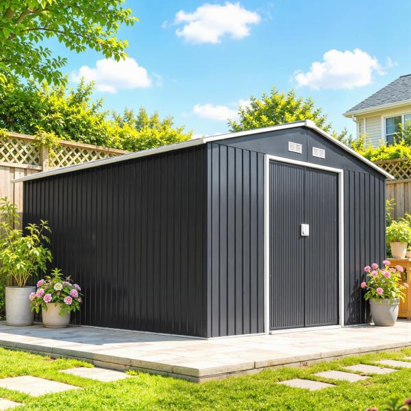 Abrigo de Jardim Metálico para Armazenamento de Ferramentas com Base de Reforço Incluída e 4 Janelas 277x322x192 cm Cinza Escuro