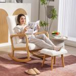 Poltrona de Baloiço com Apoio para os Pés Estofado em Bouclé com Almofada Acolchoada Encosto Ergonómico Apoios de Braços e Pés de Madeira 64,5x82x89 cm Branco