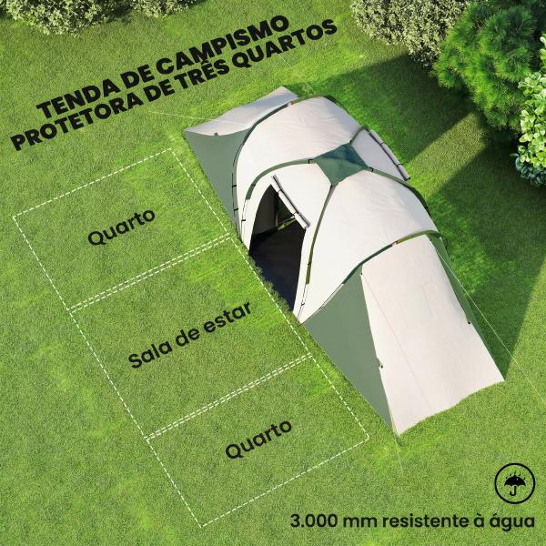 Tenda de Campismo Familiar para 4 - 6 Pessoas com 2 Dormitórios Impermeável 3000 mm com Bolsa 555x225x190 cm Cinza e Verde