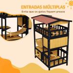 Casa para Gatos de Madeira 84x60x116 cm Abrigo para Gatos de 4 Níveis para Exterior com Ponte Suspensa Varanda Natural