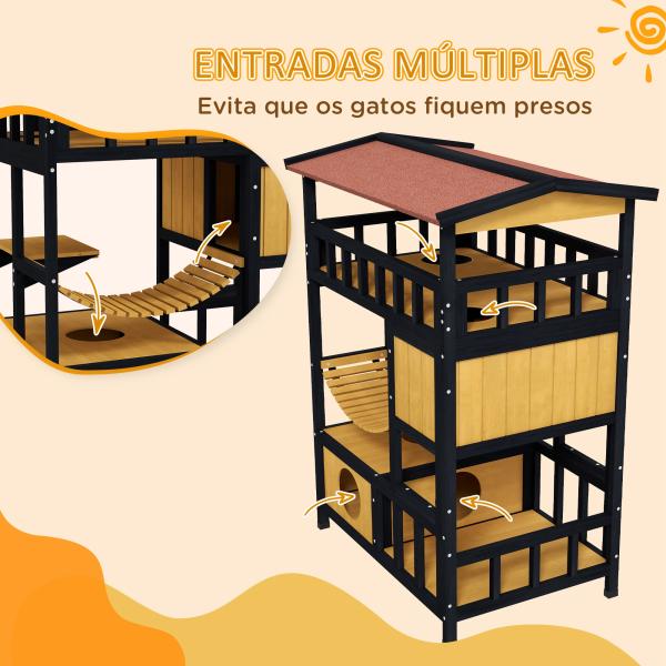 Casa para Gatos de Madeira 84x60x116 cm Abrigo para Gatos de 4 Níveis para Exterior com Ponte Suspensa Varanda Natural