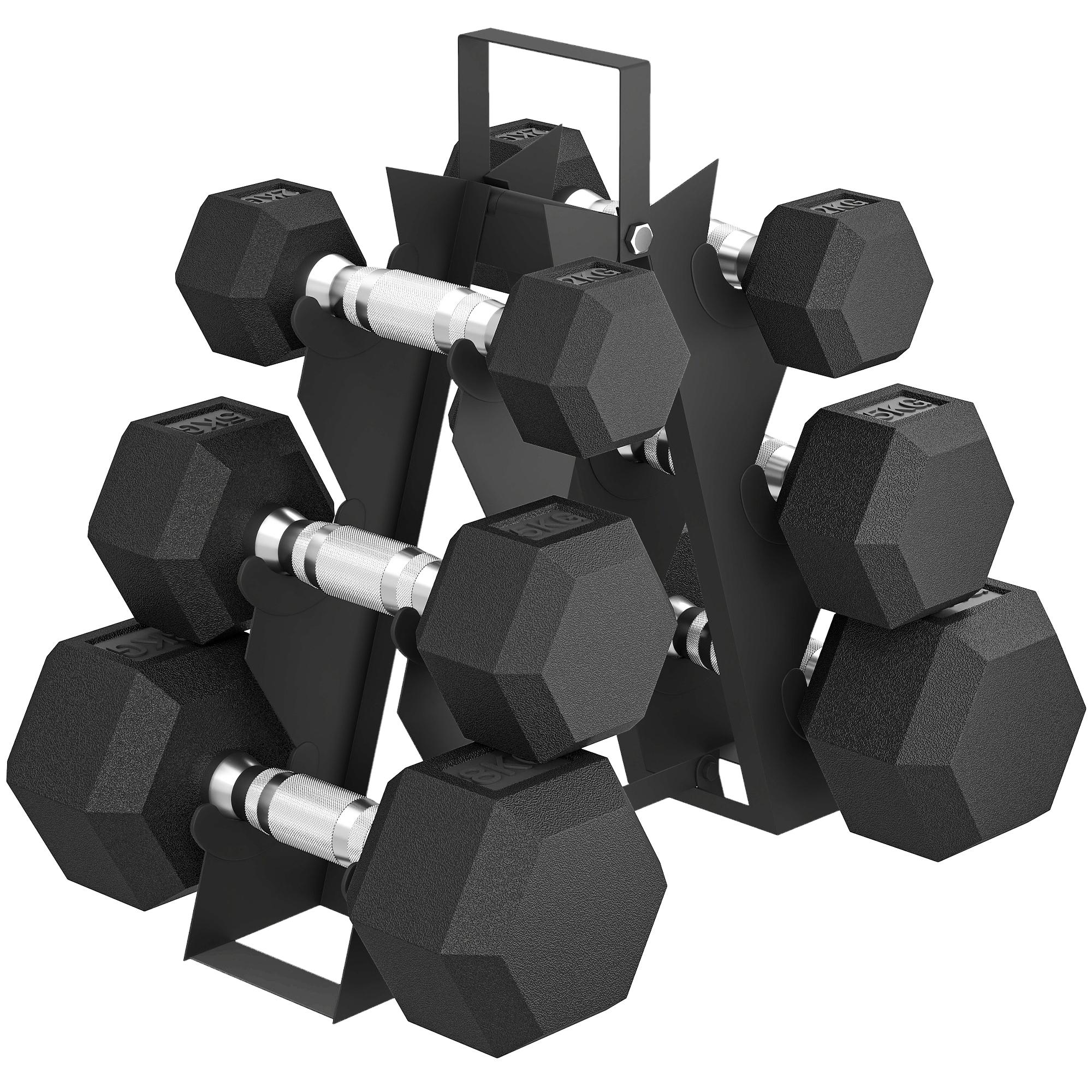 Conjunto de Halteres 6 Peças 2 x 2 kg 2 x 5 kg 2 x 8 kg com Revestimento em Borracha Antideslizante e Suporte Preto