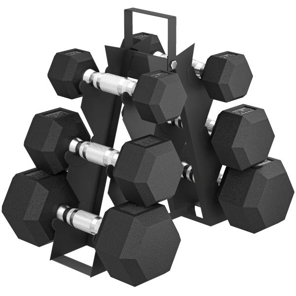 Conjunto de Halteres 6 Peças 2 x 2 kg 2 x 5 kg 2 x 8 kg com Revestimento em Borracha Antideslizante e Suporte Preto