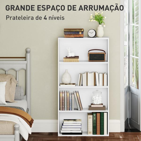 Estante de 4 Níveis Estante para Livros com 2 Prateleiras Ajustáveis para Sala de Estar Escritório Quarto 60x24x115,5 cm Branco