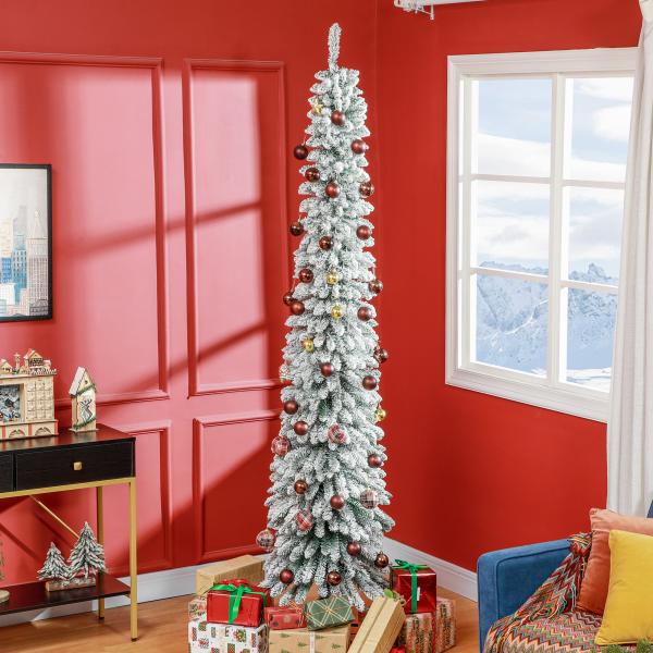 Árvore de Natal Estreita Nevada 240 cm com 603 Ramos e Suporte Metálico Dobrável para Sala de Estar, Interior, Verde