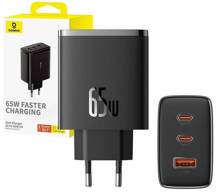 Carregador Cube Pro 2xUSB - C + USB 65W Fast Charging (Preto) - BASEUS