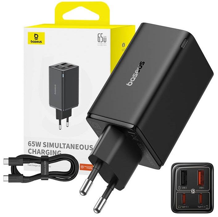 Carregador Fast Charger GAN6 Pro 2xUSB - C + 2xUSB 65W (Preto) - BASEUS
