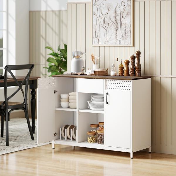 Aparador de 2 Portas com Orifícios 2 Compartimentos e Gaveta Prateleiras Ajustáveis 100x40x80 cm Branco e Castanho Rústico