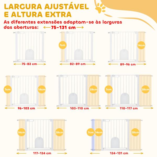Barreira de Segurança de Animais de Estimação para Escadas e Portas com Aberturas de 75 - 131 cm com 3 Extensões Branco