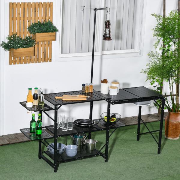 Mesa de Campismo de 3 Níveis Dobrável com Prateleiras de Armazenamento Suporte para Candeeiro e Bolsa de Transporte 173x52x80 - 174 cm Preto