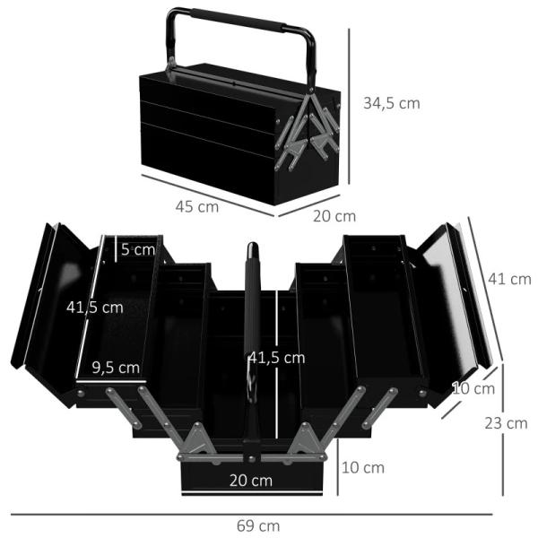 Caixa de Ferramentas de Aço Dobrável com 5 Compartimentos Mala de Ferramentas com Pega para Oficina e Casa 45x20x34,5 cm Preto