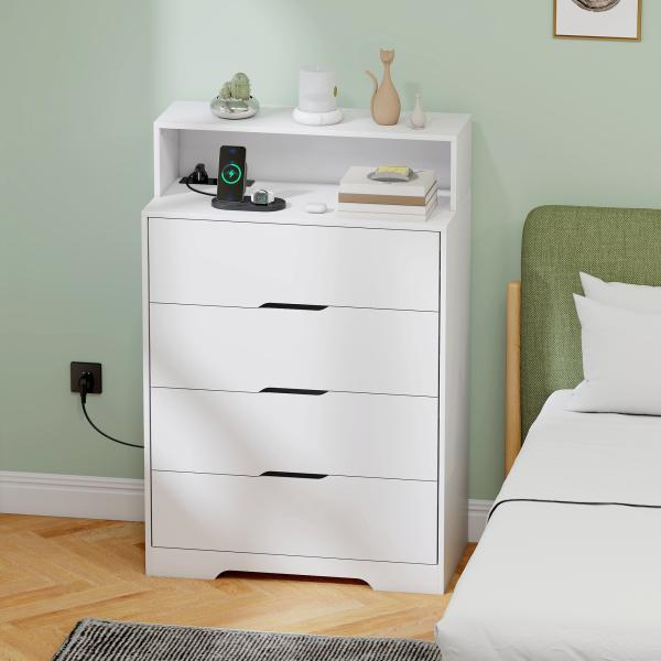 Cómoda com 4 Gavetas e Estação de Carregamento com Porta USB Porta USB - C Prateleira Aberta 80x40x120 cm Branco