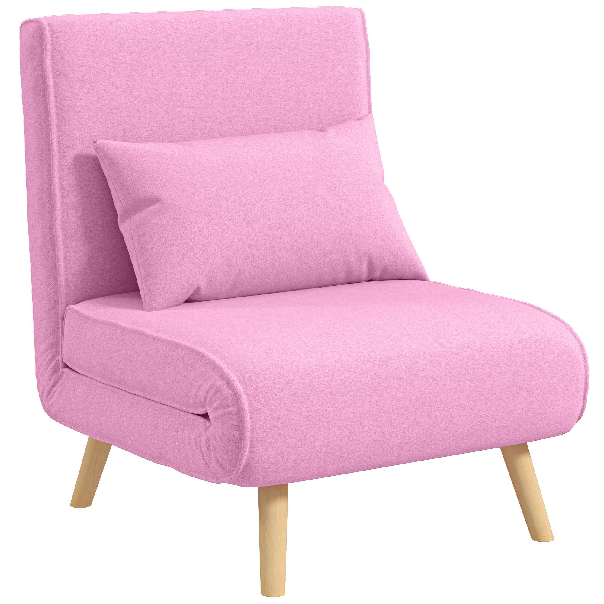 Sofá - Cama Individual Dobrável com Encosto Ajustável 5 Posições Cadeirão - Cama Estofado com Almofada 72x75x85 cm Rosa