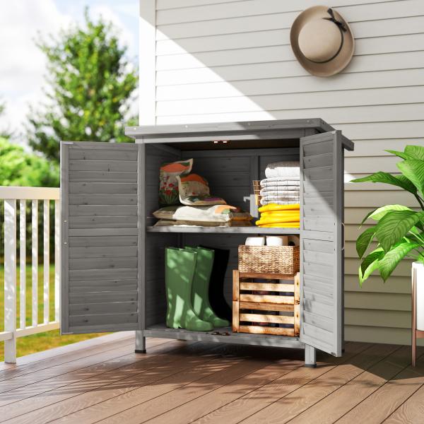 Armário de Armazenamento de Madeira para Jardim com 2 Prateleiras Interiores 2 Portas e Teto Inclinado para Exterior Terraço 87x46,5x96,5cm Cinza