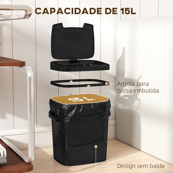 Balde de Lixo Automático 15L com Sensor Infravermelhos e Modo Manual Anel de Retenção Antimarcas 27,6x21,4x33,5 cm Preto