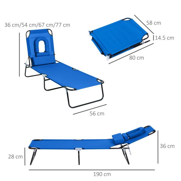 Espreguiçadeira Dobrável com Encosto Ajustável em 4 Posições Espreguiçadeira de Jardim com Almofada Estrutura de Aço Tecido Oxford para Acampamento Praia Terraço 190x56x28cm Azul