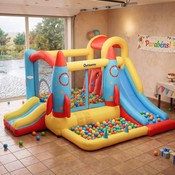 Castelo Insuflável com 2 Escorregas Trampolim e Piscina para Crianças acima de 3 Anos com Inflador e Bolsa de Transporte para Interior Exterior 330x265x185cm Multicor