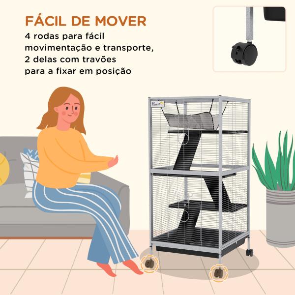 Gaiola para Roedores 52x52x113,5 cm Gaiola para Furões com Rodas 2 Portas 3 Rampas Rede Suspensa e Bandeja Removível Branco